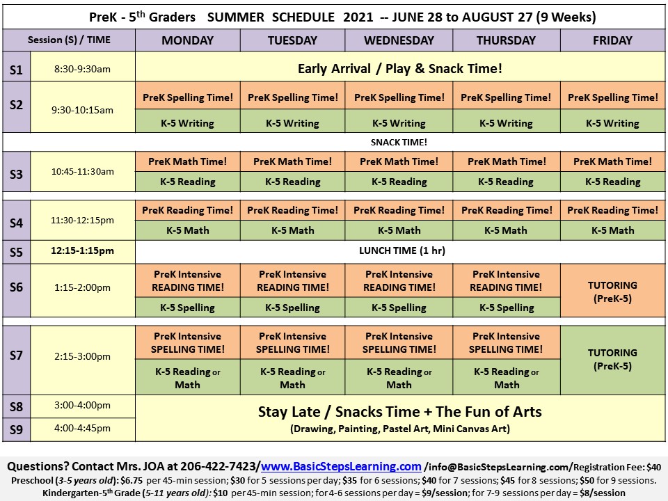 Elementary Summer Camp Basic Steps Learning Center Kent Wa